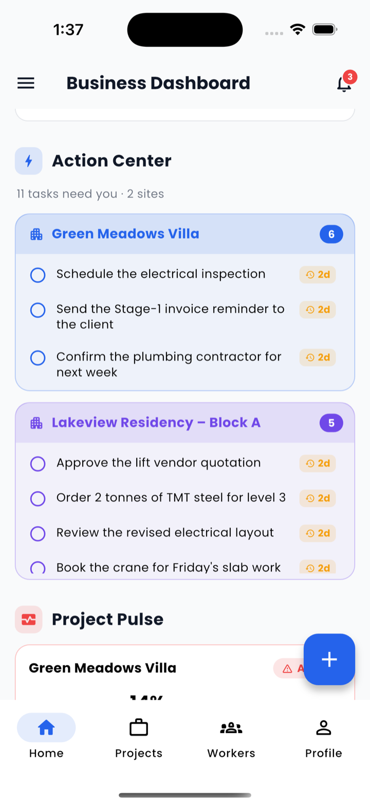 Grndly Action Center — tasks captured from site voice notes and chat, with carry-over flags