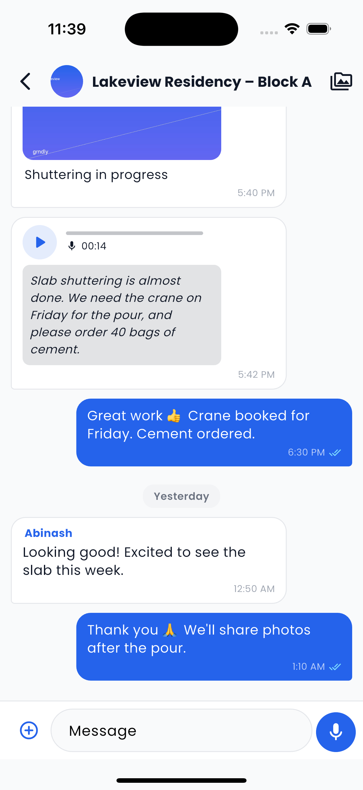 Grndly project chat — owners, workers and clients in one organized thread with photos and voice notes