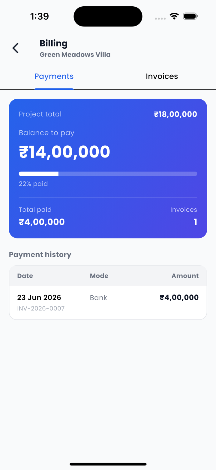Grndly client billing — project total, amount paid, outstanding balance and payment history
