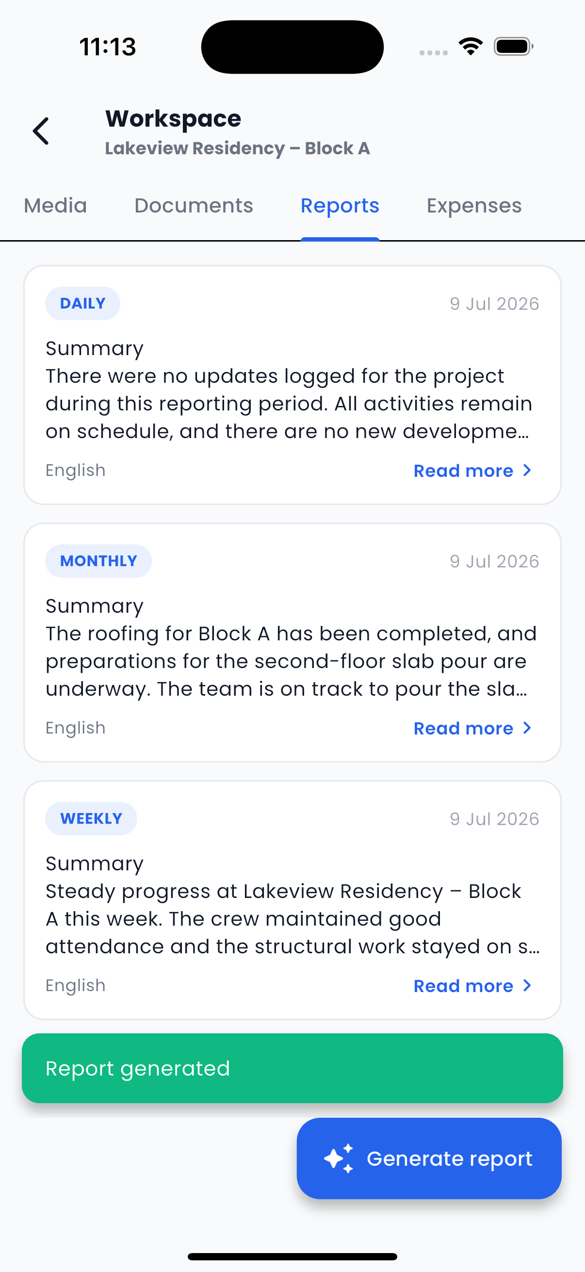 Grndly AI daily reports — monthly and weekly summaries generated for a project, each in the reader's language
